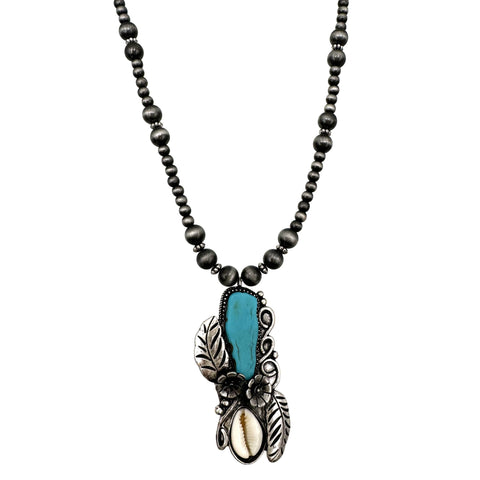 Turquoise Stone Cowrie Shell Leaf Navajo Bead Necklace