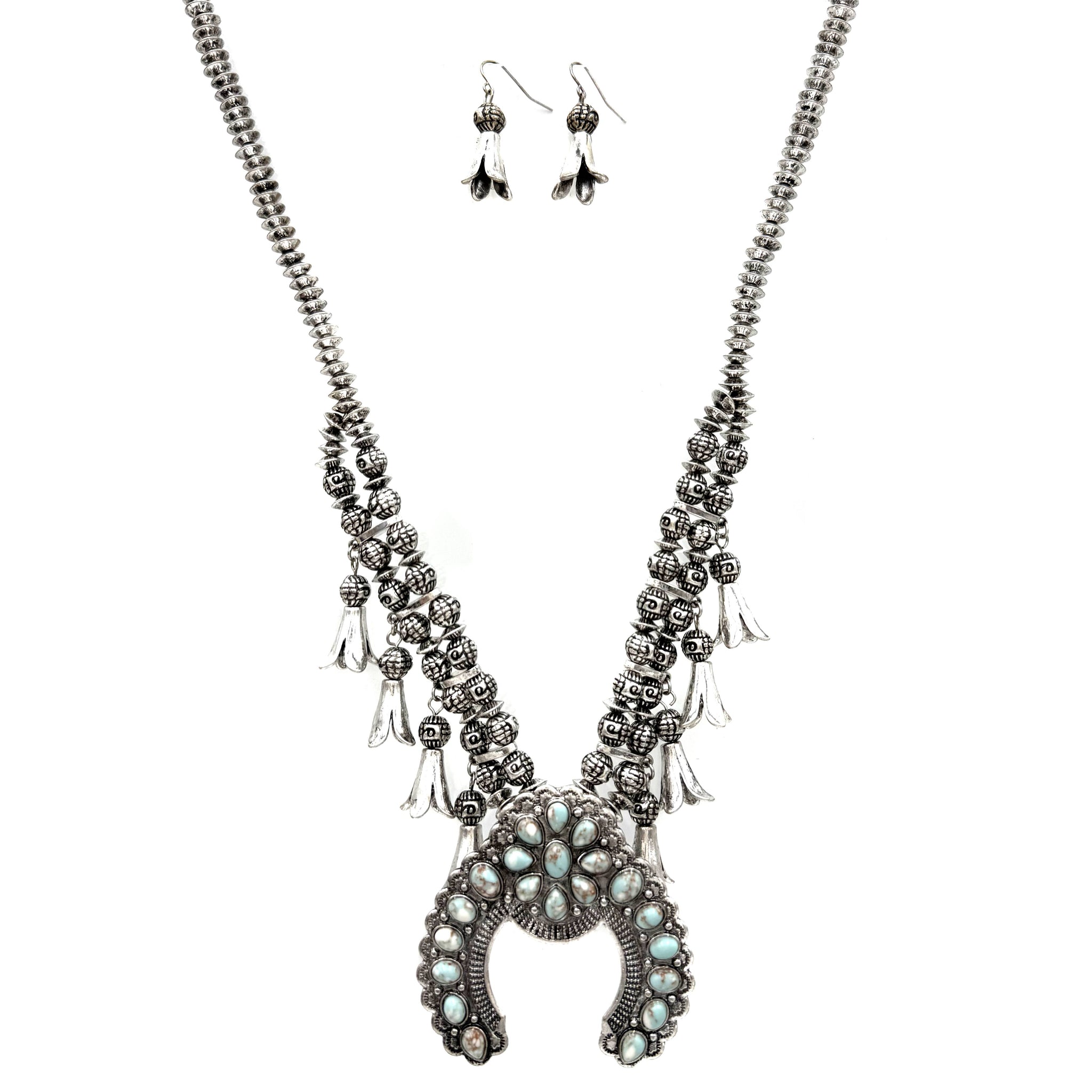 Antique Silver Squash Blossom Necklace Earrings Set