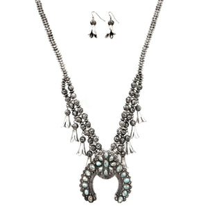 Antique Silver Squash Blossom Necklace Earrings Set