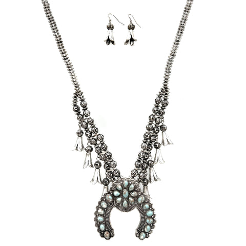 Antique Silver Squash Blossom Necklace Earrings Set