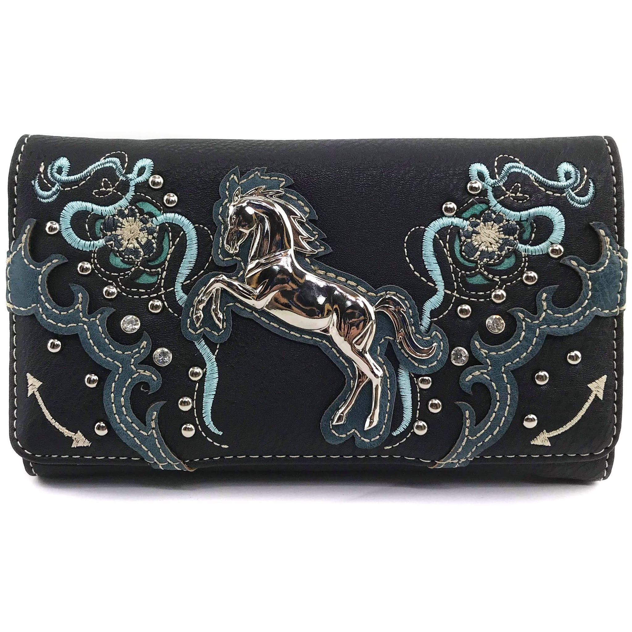 Women Floral Embroidery Horse Crossbody Wallet