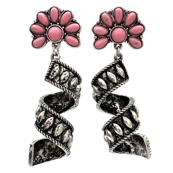 Ribbon Twirl Turquoise Flower Stone Western Dangle Earrings