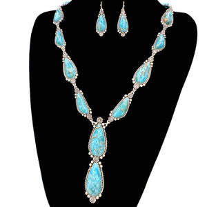 Genuine Turquoise Teardrop Silver Necklace Set