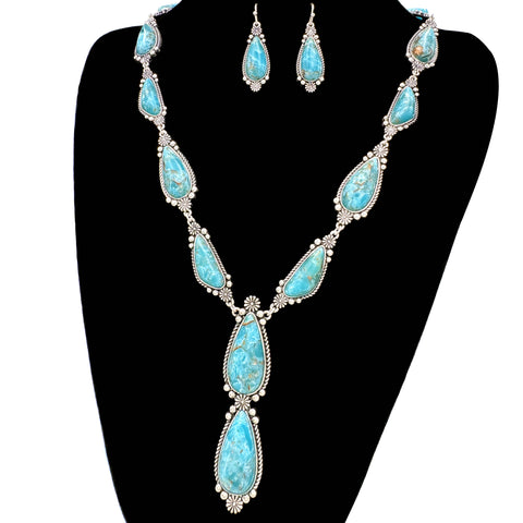 Genuine Turquoise Teardrop Silver Necklace Set