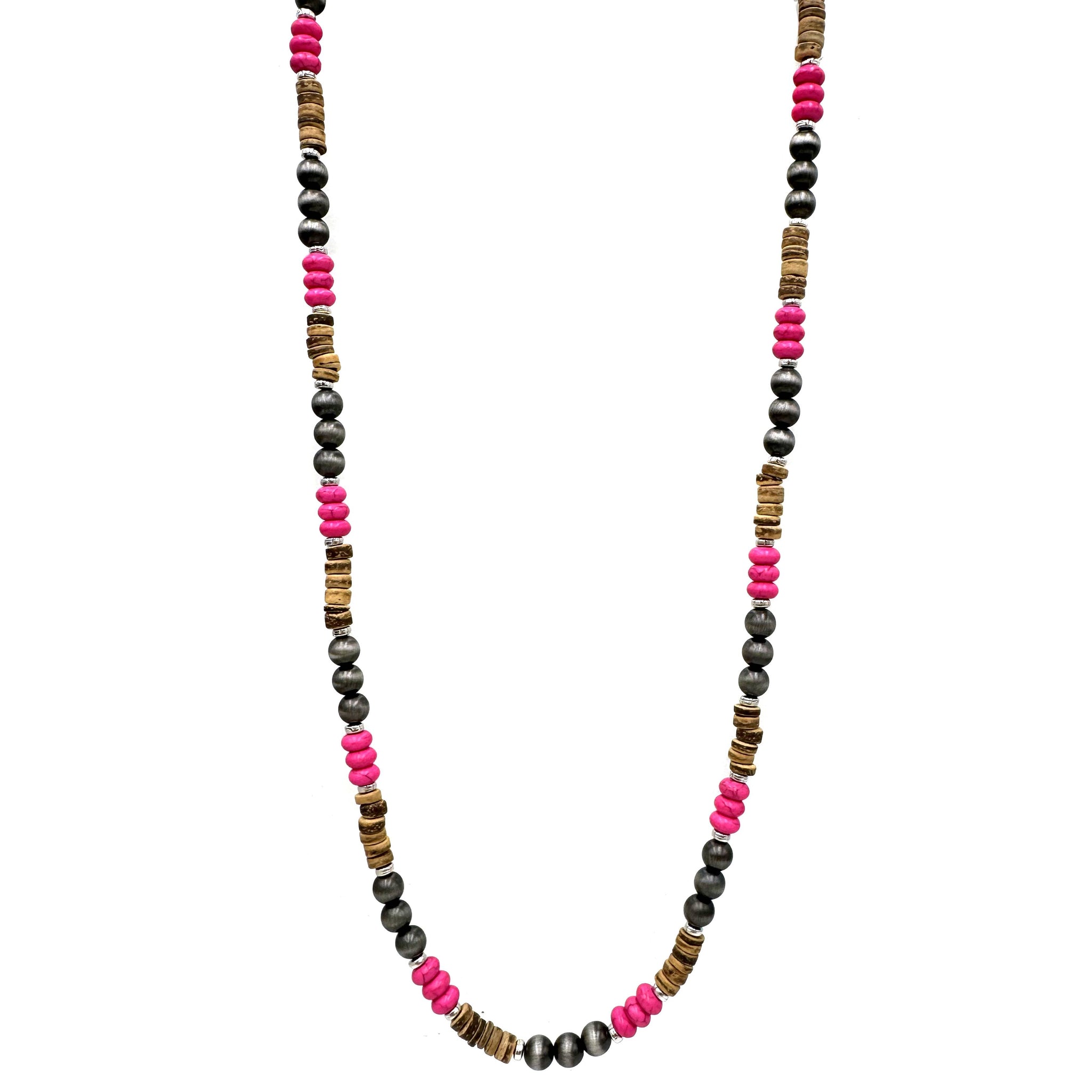 Navajo Hot Pink And Wood Long Necklace