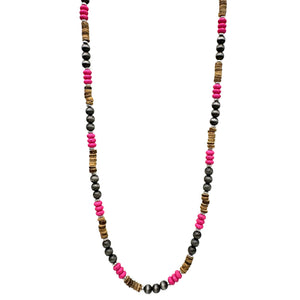 Navajo Hot Pink And Wood Long Necklace