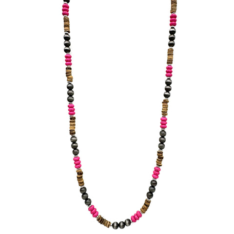 Navajo Hot Pink And Wood Long Necklace