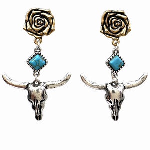 Longhorn Turquoise Stone Rose Stud Earrings