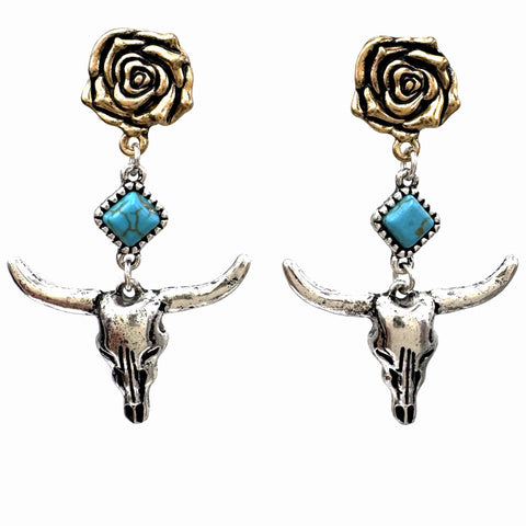 Longhorn Turquoise Stone Rose Stud Earrings