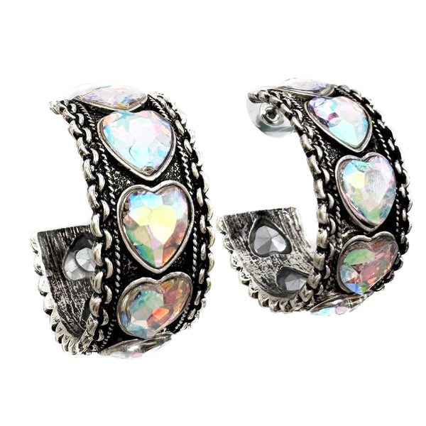Heart Shaped Stones Large C Hoop Earrings