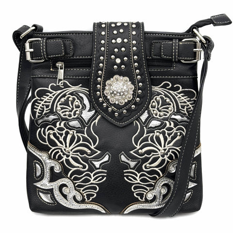 Black Concho Western Floral Embroidery Crossbody Purse