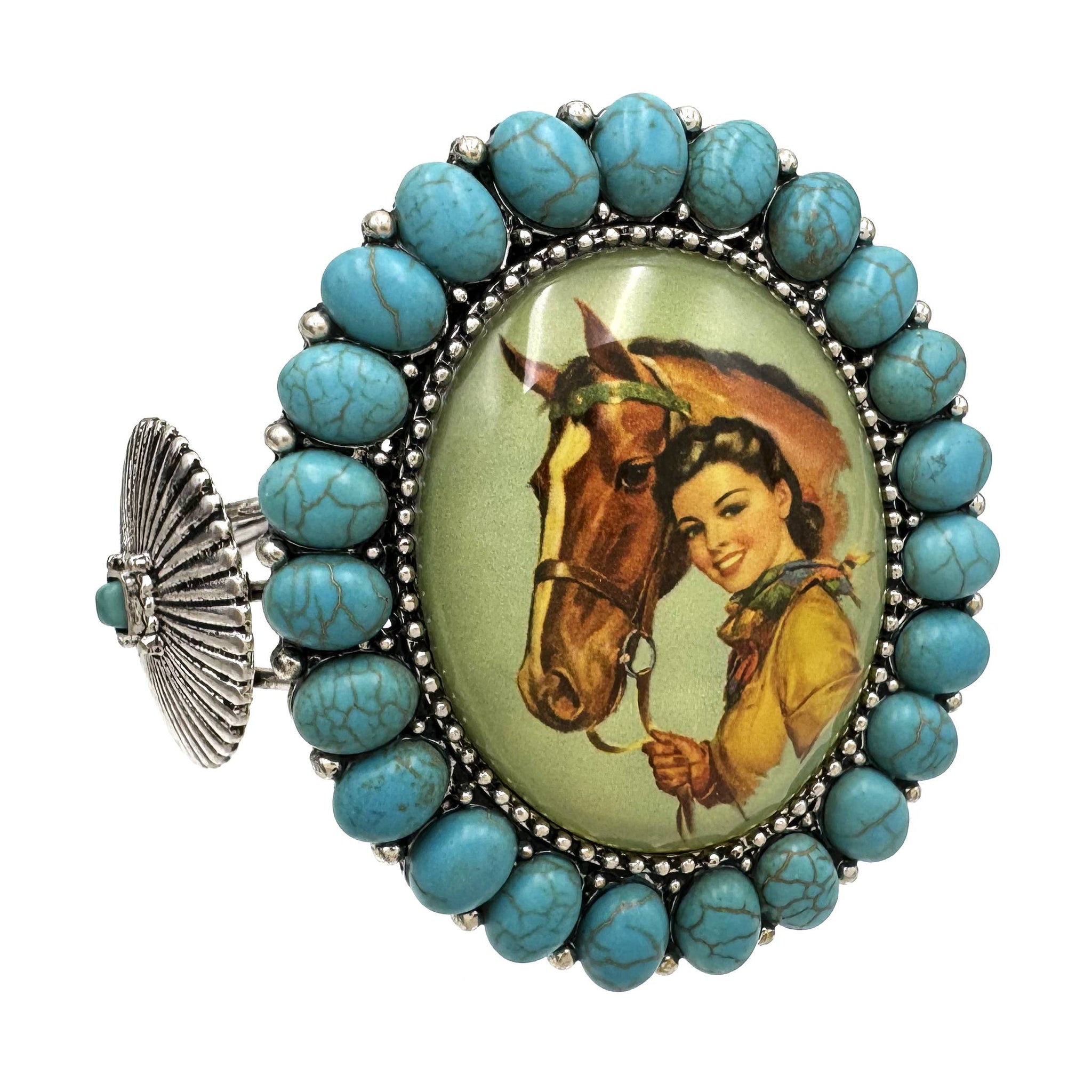Large Lady with Horse Art Pendant Turquoise Concho Stone Cuff