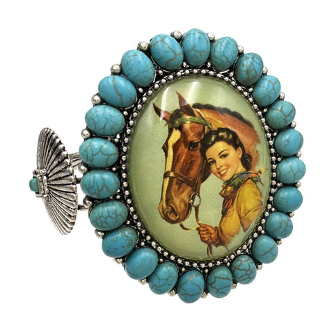 Large Lady with Horse Art Pendant Turquoise Concho Stone Cuff