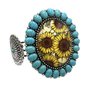 Large Cactus Flower Art Pendant Turquoise Concho Stone Cuff