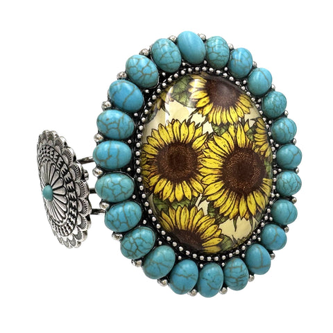 Large Cactus Flower Art Pendant Turquoise Concho Stone Cuff