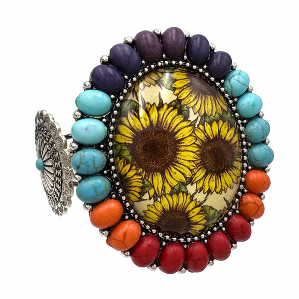 Large Cactus Flower Art Pendant Turquoise Concho Stone Cuff