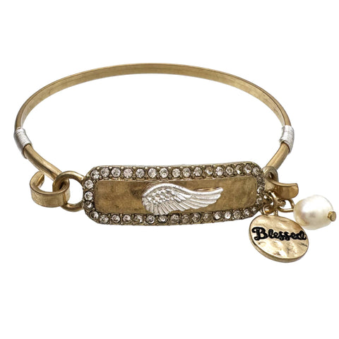 Believe Angel Wing Charm Hammered Bangle