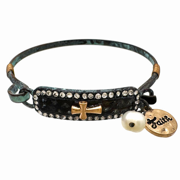 Faith Cross Charm Hammered Bangle