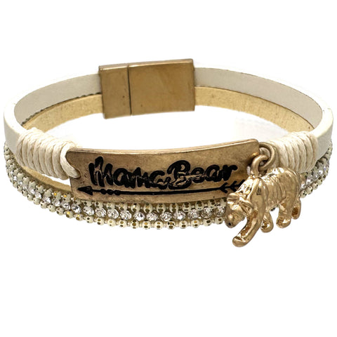 Mama Bear Rhinestone Strap Leather Snap Bracelet