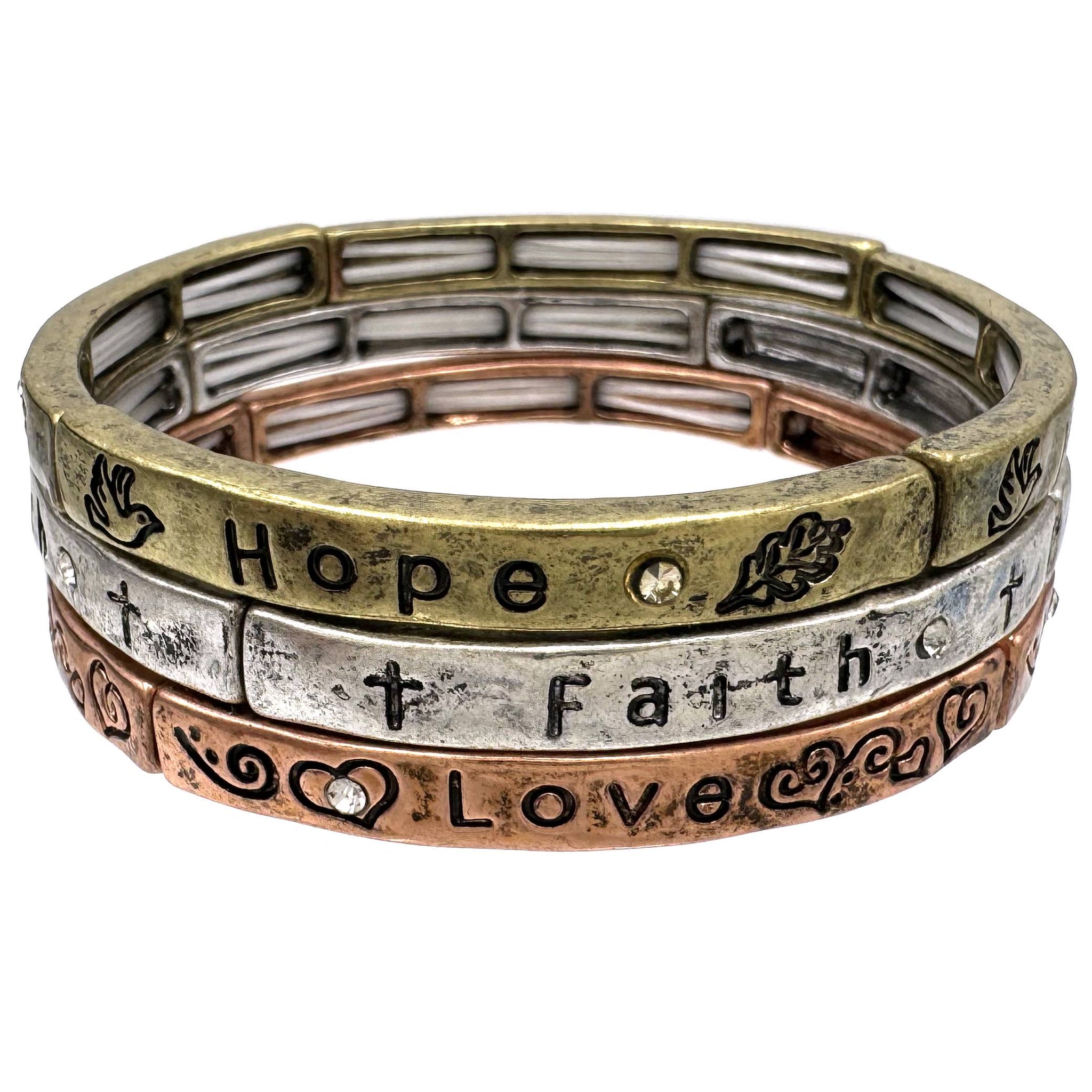 Hope Faith Love Inscription Three Piece Stretch Bracelet
