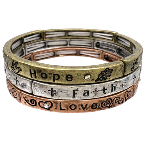 Hope Faith Love Inscription Three Piece Stretch Bracelet