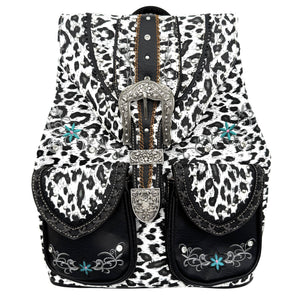 Leopard Print Western Leather Buckle Backpack