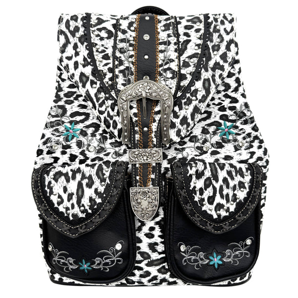 Leopard Print Western Leather Buckle Backpack