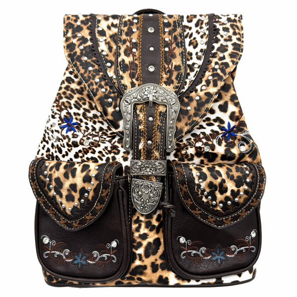 Leopard Print Western Leather Buckle Backpack