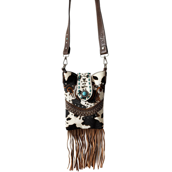 Bella Cow Print Fringe Western Crossbody Messenger Pouch