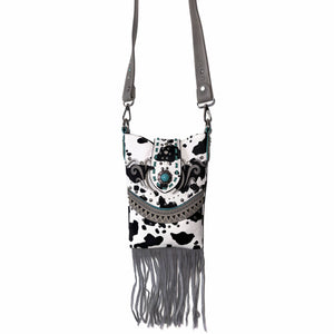 Bella Cow Print Fringe Western Crossbody Messenger Pouch
