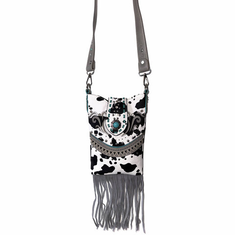 Bella Cow Print Fringe Western Crossbody Messenger Pouch