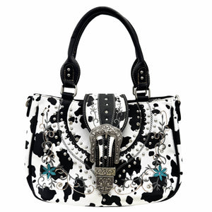 Cow Print Western Leather Buckle Crossbody Purse