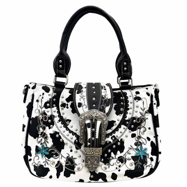 Cow Print Western Leather Buckle Crossbody Purse