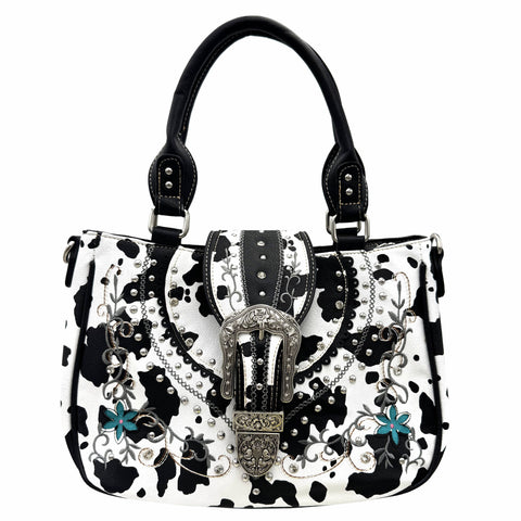 Cow Print Western Leather Buckle Crossbody Purse