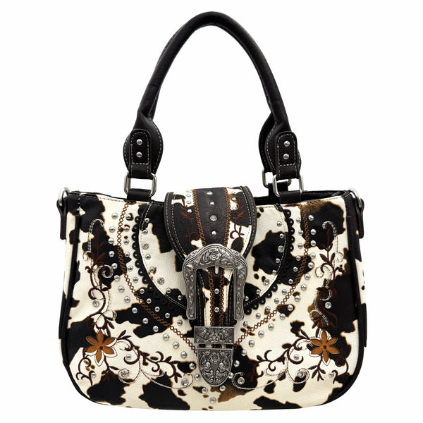 Cow Print Western Leather Buckle Crossbody Purse