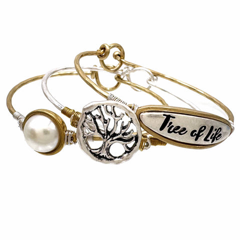 Tree of Life Pearl Three Wired Bangle Bracelet