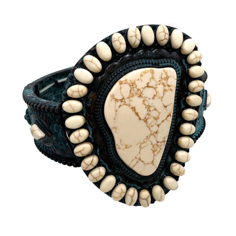 Large Howlite Stone Patina Metal Silver Bracelet