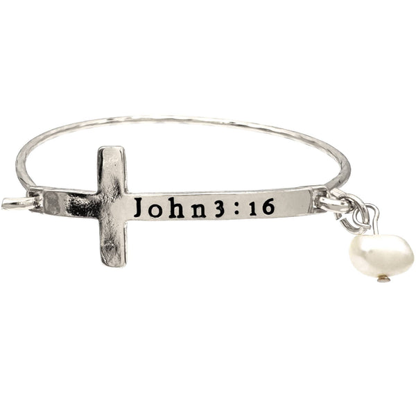 John 3:16 Cross Pearl Bangle Bracelet