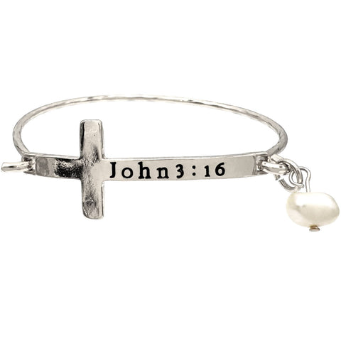John 3:16 Cross Pearl Bangle Bracelet