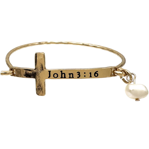 John 3:16 Cross Pearl Bangle Bracelet
