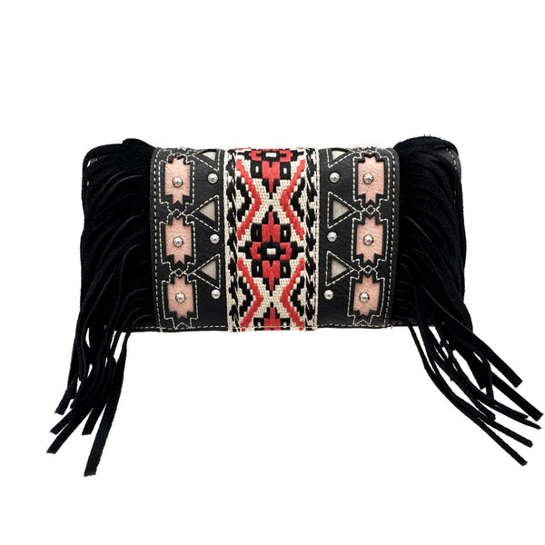 Aztec Tribal Print Fringe Crossbody Western Wallet