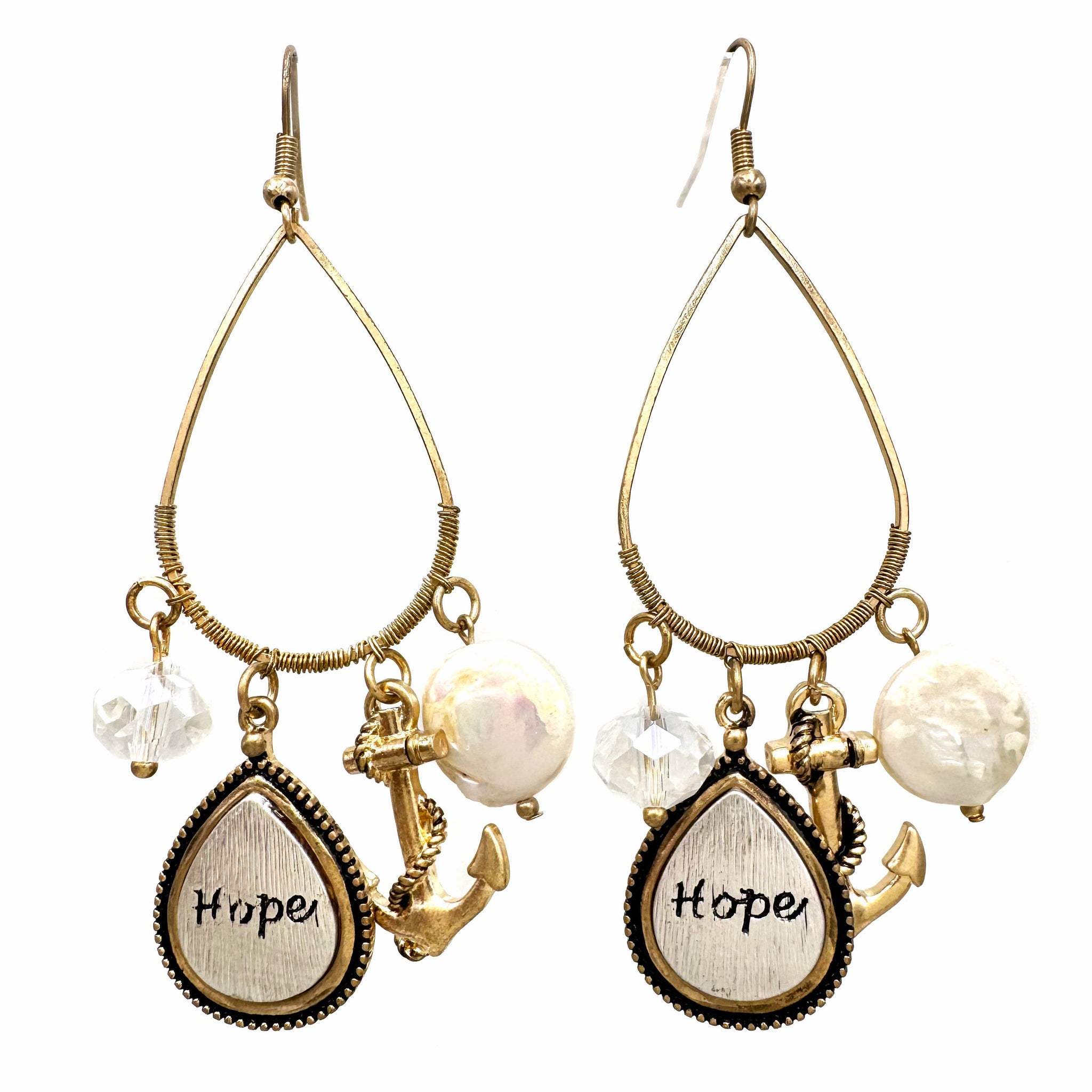 Hope Anchor Pearl Charms Teardrop Earrings