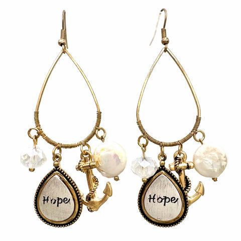Hope Anchor Pearl Charms Teardrop Earrings