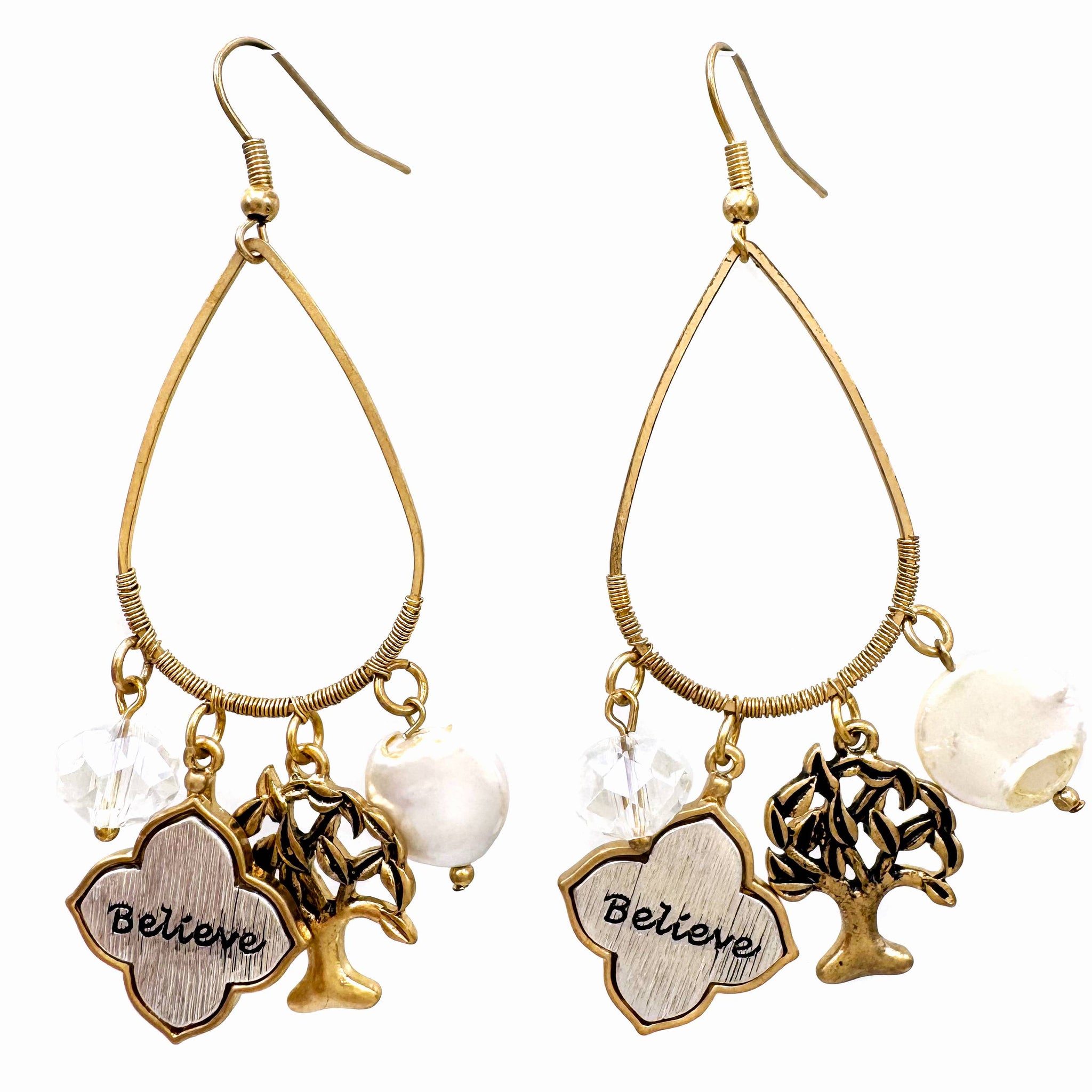 Believe Tree of Life Pearl Charms Teardrop Earrings