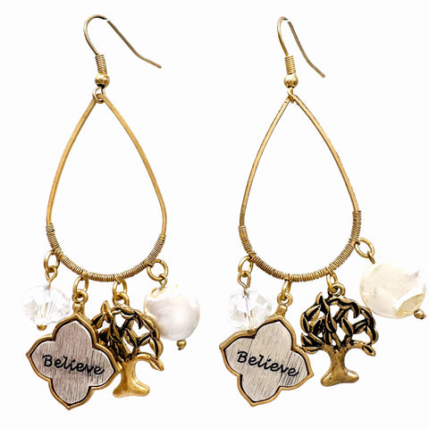 Believe Tree of Life Pearl Charms Teardrop Earrings