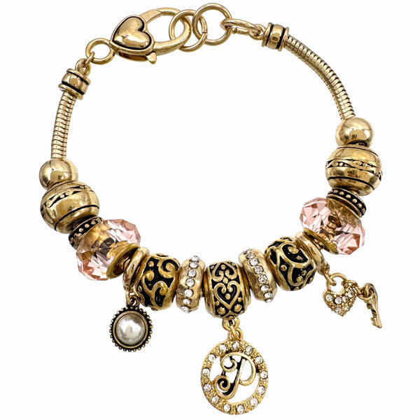 Letter and Crystal Charms Tennis Gold Bracelet