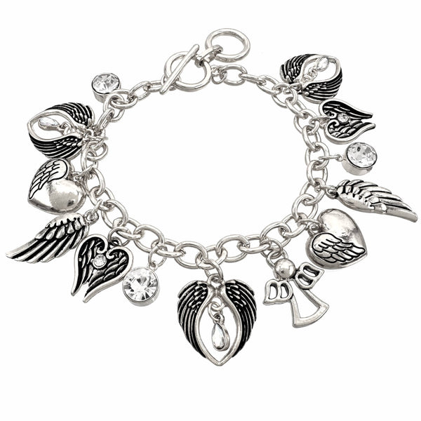 Hearts Love Angel Wing Charms Silver Bracelet