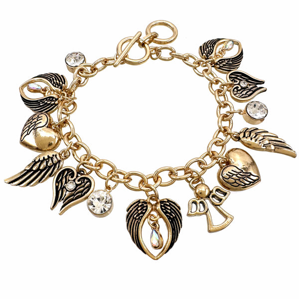 Hearts Love Angel Wing Charms Silver Bracelet
