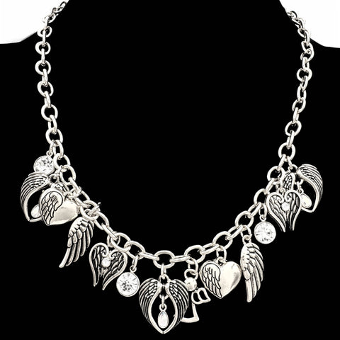Hearts Love Angel Wing Charms Silver Necklace