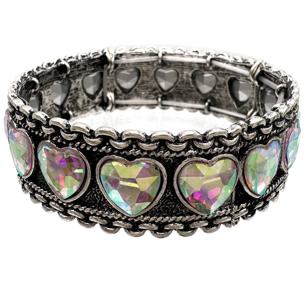 Crystal Stone Hearts Metal Stretch Bracelet